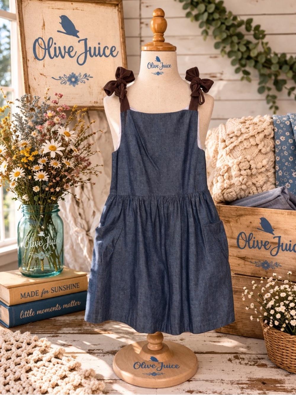 Olive Juice Girls Chambray Dress Bow Strap Pinafore Size 8 Boutique Cottagecore